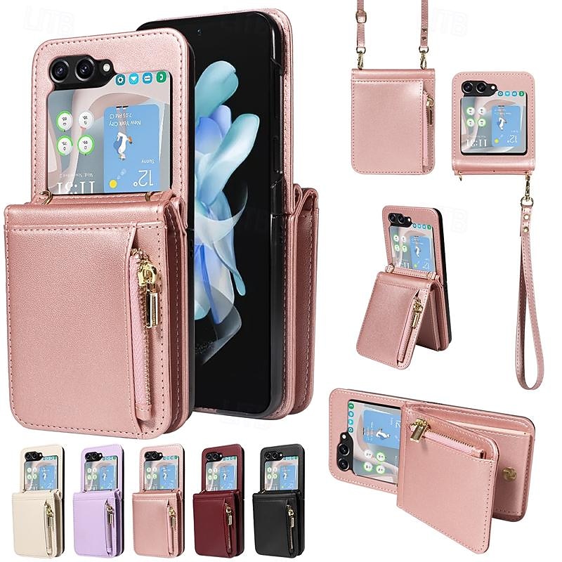 Phone Case For Samsung Galaxy Z Flip 6 Z Flip 5 Wallet Case with Stand Holder Zipper with Lanyard Retro TPU PU Leather