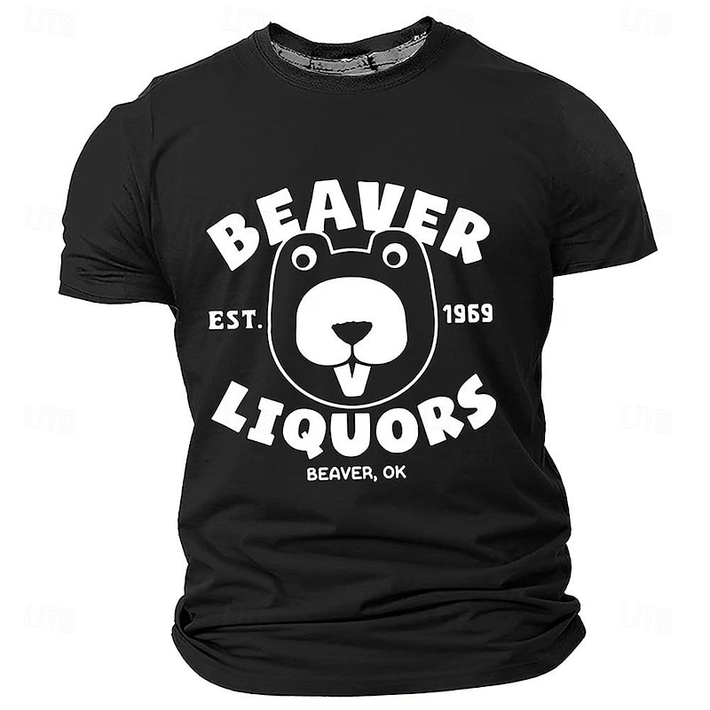 Men's Funny Beaver Liquors Graphic Tee - Humorous Pun Design with Est. 1969 Beaver OK Logo Short Sleeve4