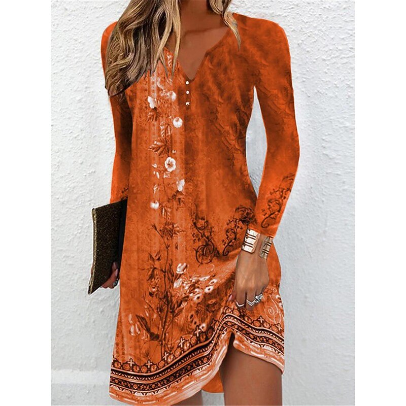 Women's Mini Dress Petite Dress Casual Dress Boho Dress Spring Dress Stylish Casual Vacation Daily Date Regular Fit Floral Long Sleeve Split Neck Blue Dark Green Orange Green Fall3