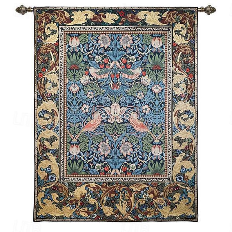 Jacquard Woven Tapestry Gobelin Aubusson Wall Art Hanging Large Tapestry Reproduction Loom Cotton Weave Forest Peacock Belgian Tapestry (without tassels and rod)3