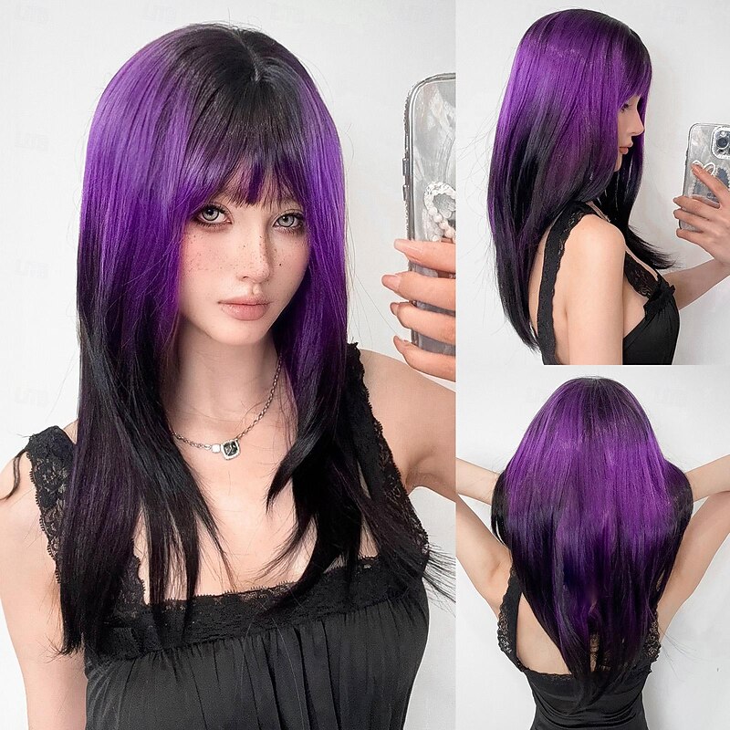 Synthetic Wig Uniforms Career Costumes Princess Straight kinky Straight Middle Part Layered Haircut Machine Made Wig 22 inch Dark Purple Synthetic Hair Women's Cosplay Party Fashion Purple
