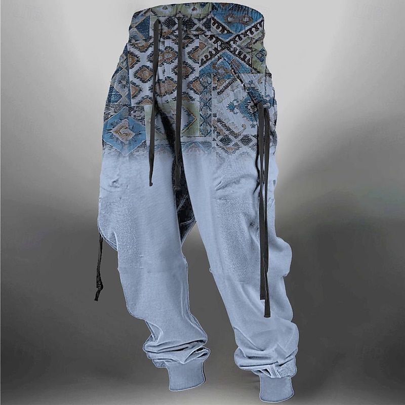 Men's Ethnic Sweatpants Joggers Pants Trousers Mid Waist Drawstring Elastic Waist Vintage Casual Tribal Outdoor Street Dailywear Pocket Spring Fall Winter 3D Print Blue khaki
