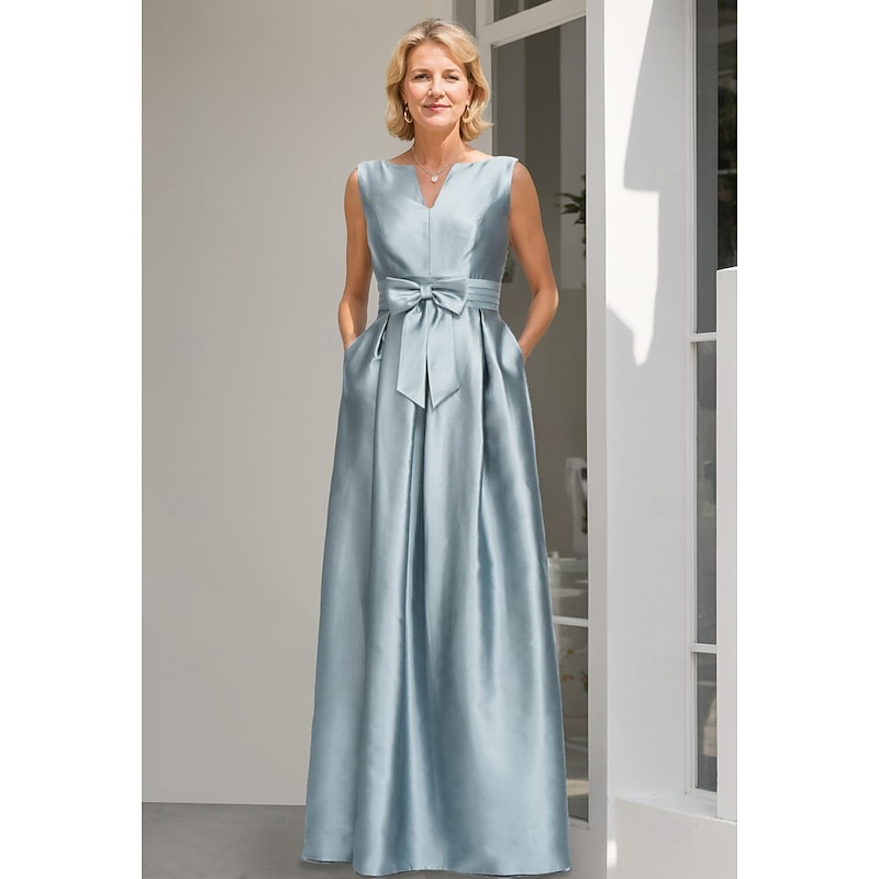 Two Piece A-Line Mother of the Bride Dress Elegant Sparkle & Shine V Neck Floor Length Satin Sequined 3/4 Length Sleeve Wrap Included with Bow(s)2
