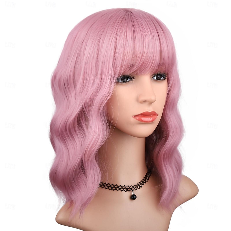 Wig with Bangs for Women Short Bob Wavy Curly Wig Pastel Hair Wigs Heat Resistant Halloween Cosplay Party Wigs3