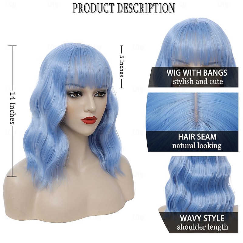 Short Bob Wig with Bangs for Women Loose Wavy Wig Curly Wavy Shoulder Length Synthetic Bob Wigs for Girl Costume Cosplay Daily Use3
