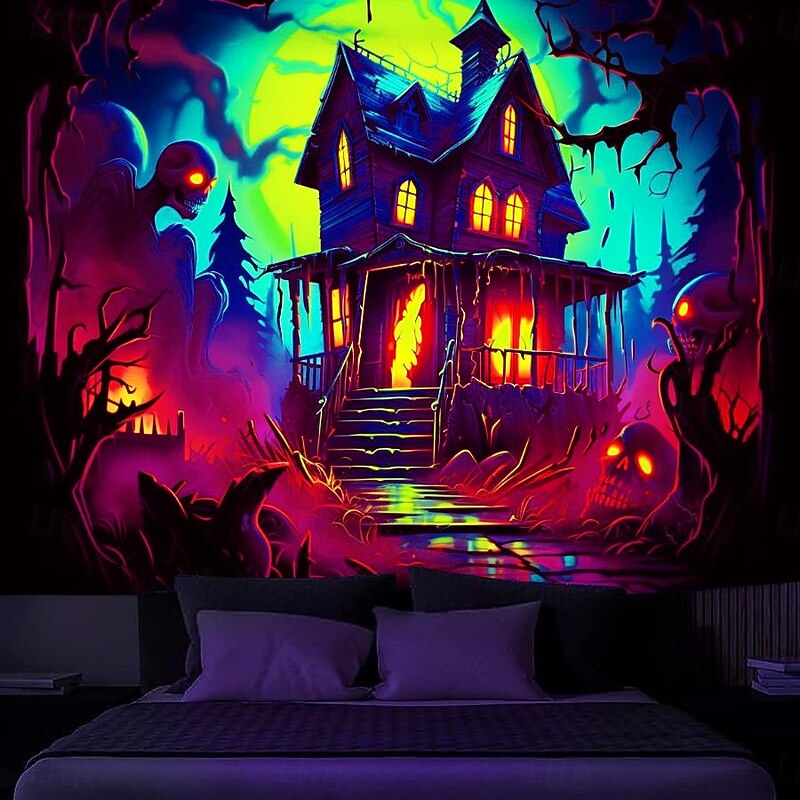 Halloween Decorations Hunted House Blacklight Tapestry UV Reactive Glow in the Dark Misty Graveyard Hanging Tapestry Wall Art Mural for Living Room Bedroom4