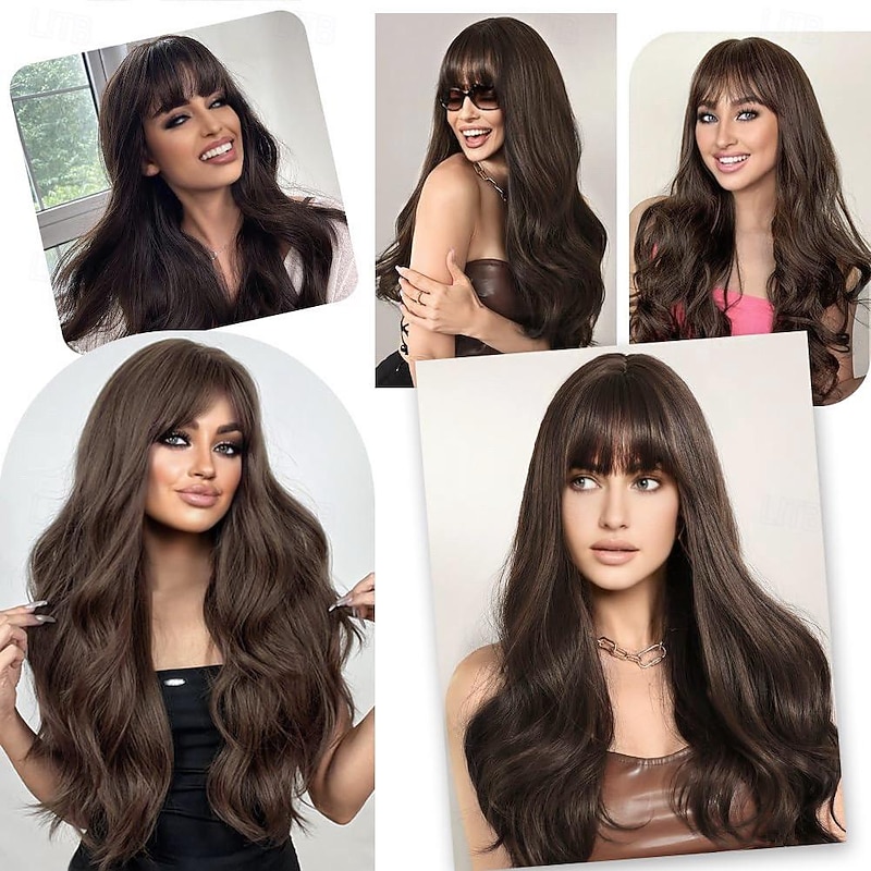 Synthetic Wig Natural Wave Deep Wave Neat Bang Wig 24 inch Dark Brown Wine Red Synthetic Hair Women's Red Brown Burgundy3