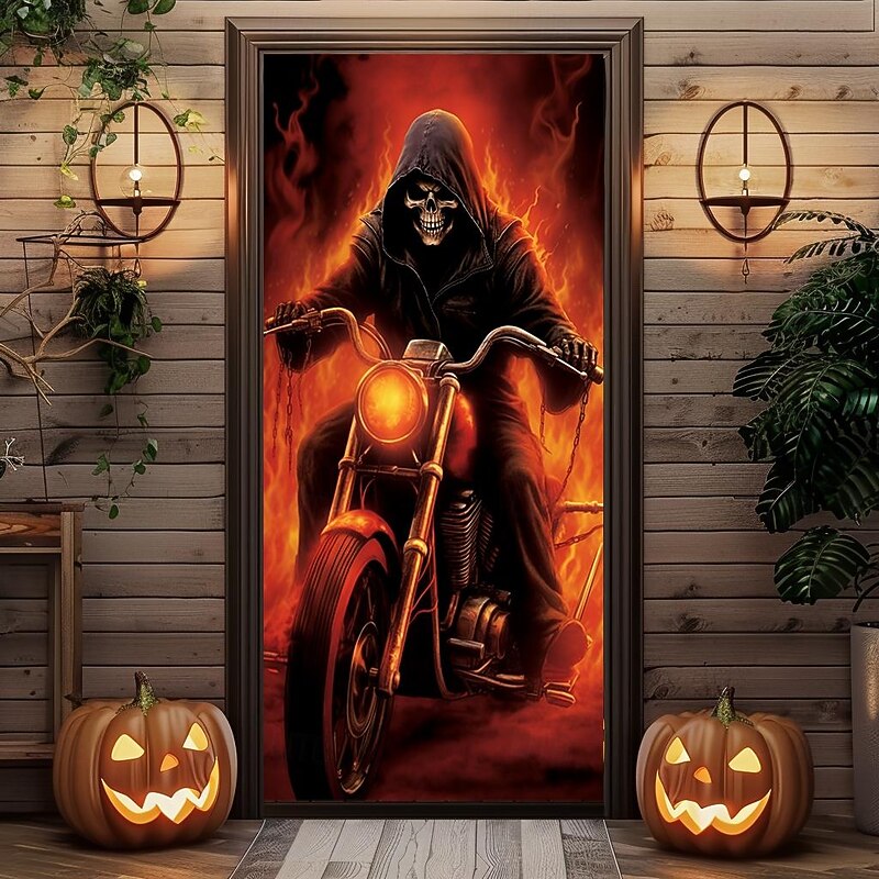 Halloween Door Covers Death Motorcycle Door Tapestry Door Curtain Decoration Backdrop Door Banner for Front Door Farmhouse Holiday Party Decor Supplies3