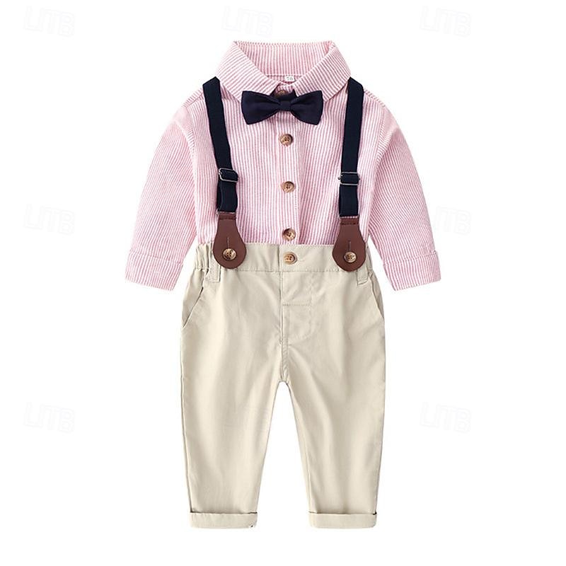 2 Pieces Ring Bearer Suit Boys Kids Shirt & Pants Formal Party Cool Gentle Plaid Stripe Light Green Pink Red Cotton2