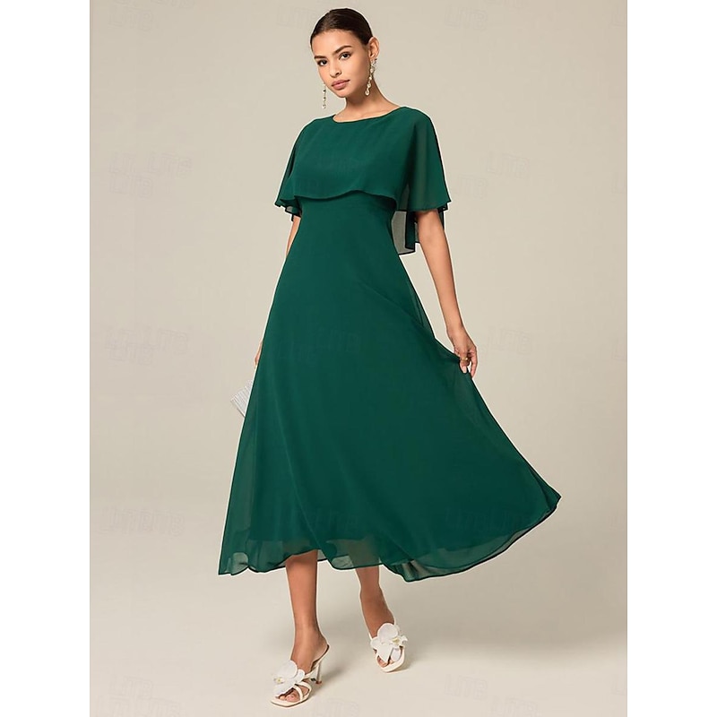 Women's  Wedding Guest Cocktail Dress Chiffon Ruffle Elegant Formal Midi A Line Dress Crew Neck Short Sleeve Flared Sleeve Dark Green Color4