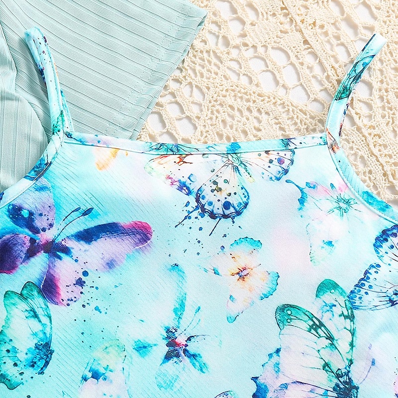 2 Pieces Kids Girls' Butterfly Halter Dress Suits Set Short Sleeve Fashion School 7-13 Years Summer Blue4