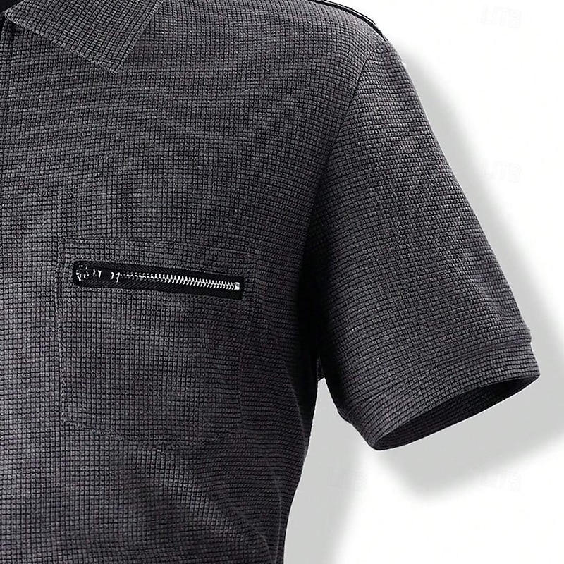 Men's Waffle Polo Shirt Golf Shirt Casual Holiday Lapel Quarter Zip Short Sleeve Fashion Basic Plain Quarter Zip Summer Regular Fit Black White Blue Beige Gray Waffle Polo Shirt3