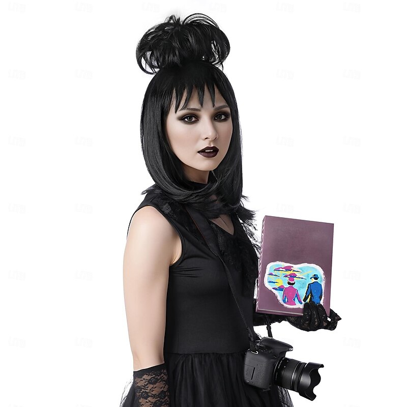 Lydia Deetz Cosplay Costume Party Wig Bride Fluffy Buns curly Women's Black Medium Long straight Beetle Wig with bangs Halloween Costume Accessories (Black/Lydia)4
