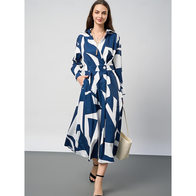 Women's Midi Dress A Line Dress Graphic Vintage Modern Office Ruched Button Long Sleeve Shirt Collar Dress Slim Blue Spring Fall S M L XL XXL