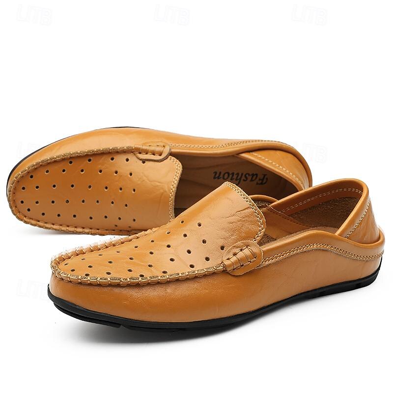 Men's Tan Leather Loafers - Breathable Slip-On Driving Shoes for Casual and Formal Wear2