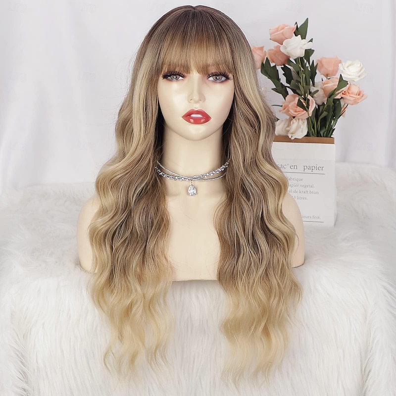 Ombre Blonde Wig with Bangs Long Blonde Wavy Wigs for Women Synthetic Curly Wavy Wigs with Dark Root Middle Part Heat Resistant Wig for Daily Party Wear Halloween Wigs2