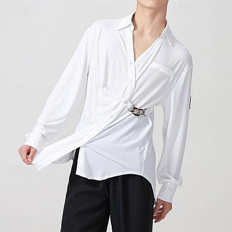 Latin Dance Top Metal Chain Men's Performance Daily Wear Long Sleeve Crystal Cotton3