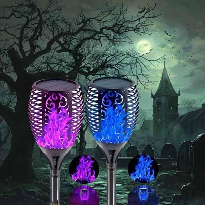 Halloween Decorations Solar Flame Flickering Lamp Pathway Light Purple Blue 12/33 LEDs Simulation Dynamic Outdoor Lawn Garden Landscape Torch Lamp 1PC