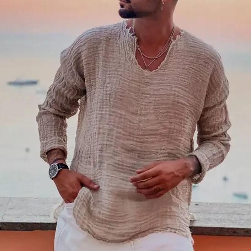 Men's Linen Shirt Summer Shirt Beach Wear Casual Shirt Plain Vacation Curise White Blue Brown Khaki Long Sleeve V Neck Spring & Summer Clothing Apparel4