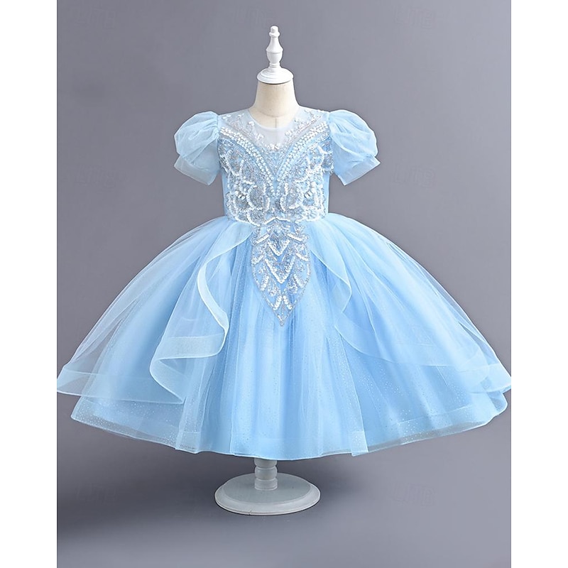 Girls' 3D Solid Color Flower Girl Dress Party Dress Short Sleeve Summer Spring Performance Wedding Party Princess Beautiful Sweet Kids 4-12 Years Party Dress Swing Dress Tulle Dress Maxi Regular Fit