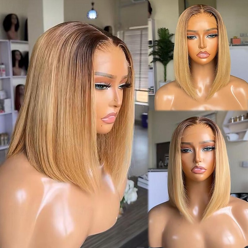 Straight Human Hair Lace Front Wig Brazilian Virgin Hair Ombre Color Honey Blonde Short Bob Lace Front Wig with Baby Hair for Women