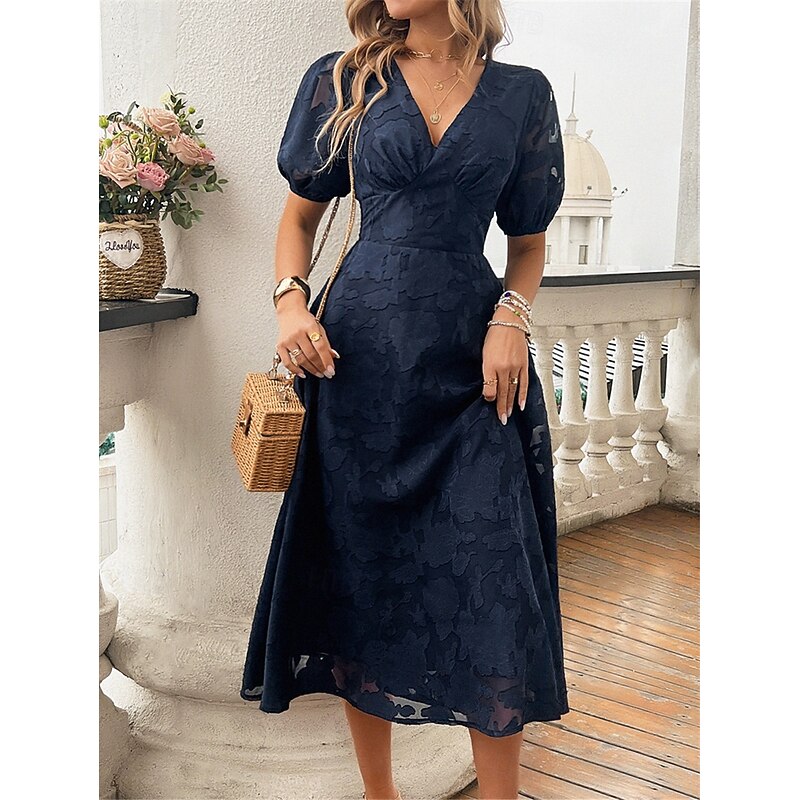 Women's Lace Dress Midi Dress Lace Patchwork Party Wedding Guest Cocktail Party Elegant Streetwear V Neck Short Sleeve Black Red Navy Blue Color3