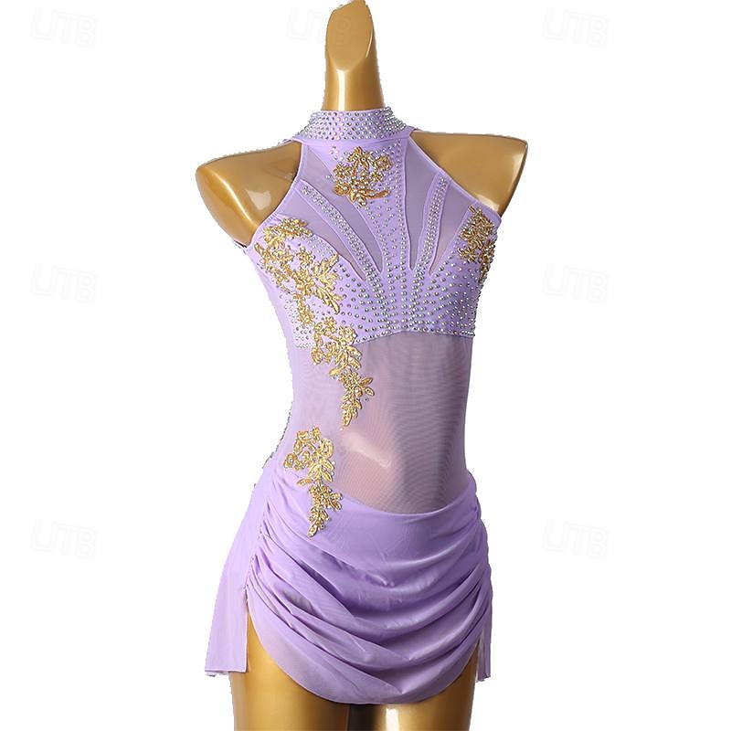 Figure Skating Dress Women's Girls' Ice Skating Dress Light Purple Patchwork Open Back Mesh Spandex High Elasticity Training Practice Professional Skating Wear Classic Crystal / Rhinestone Sleeveless2