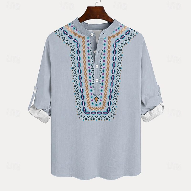 Men's Ethnic Shirt Button Up Shirt Henley Shirt Long Sleeve Vintage Casual Tribal Vacation Daily Beach Summer Winter Spring &  Fall Stand Collar Button Up 3D Print Light Blue Beige2