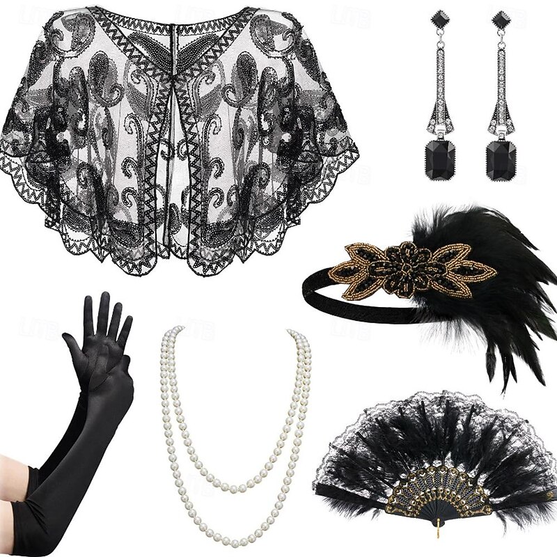 1920s The Great Gatsby Outfits Flapper Headband The Great Gatsby Wedding Guest Collarless Fancy Dress Women's Halloween Carnival Masquerade Party Masquerade Wedding Reception Adults' 1 Fan Shawl