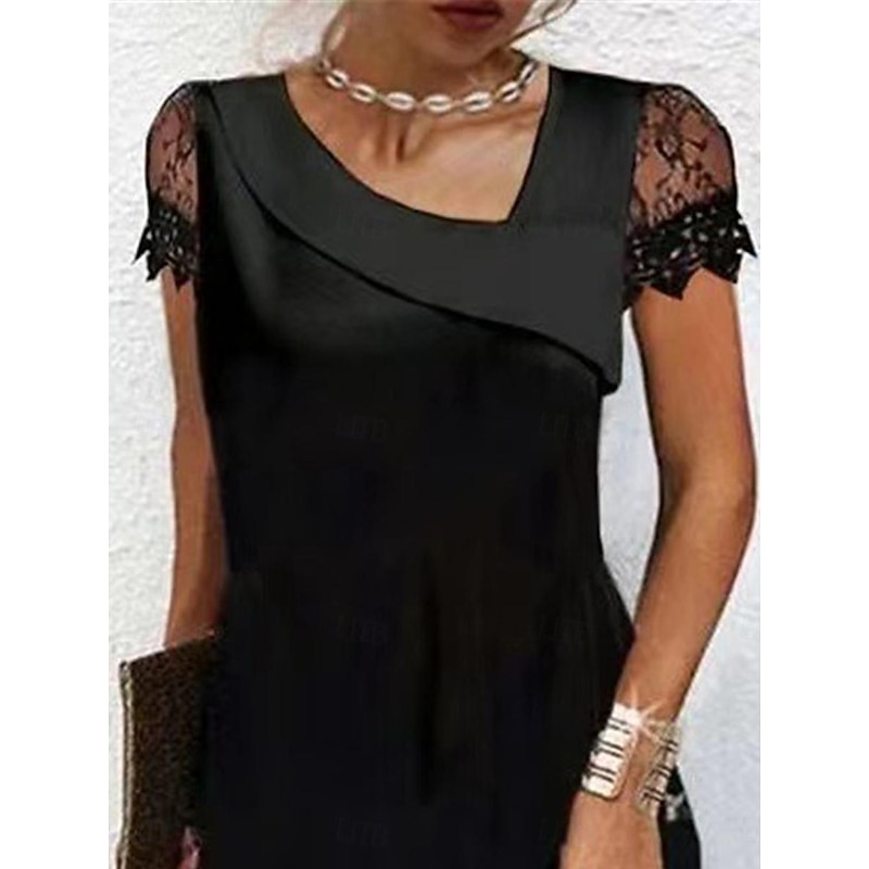 Women's Black Dress Mini Dress Lace Patchwork Date Streetwear Basic V Neck Short Sleeve Black Color2