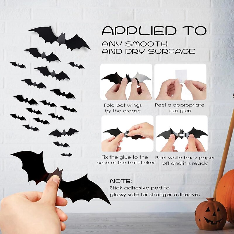 Halloween Bats Decoration-Halloween Bat Wall Decor-Halloween Party Indoor Outdoor Decorations Scary,81 Pcs Reusable PVC 3D Decorative Scary Bat Wall Stickers,Double-Sided Adhesive Included3
