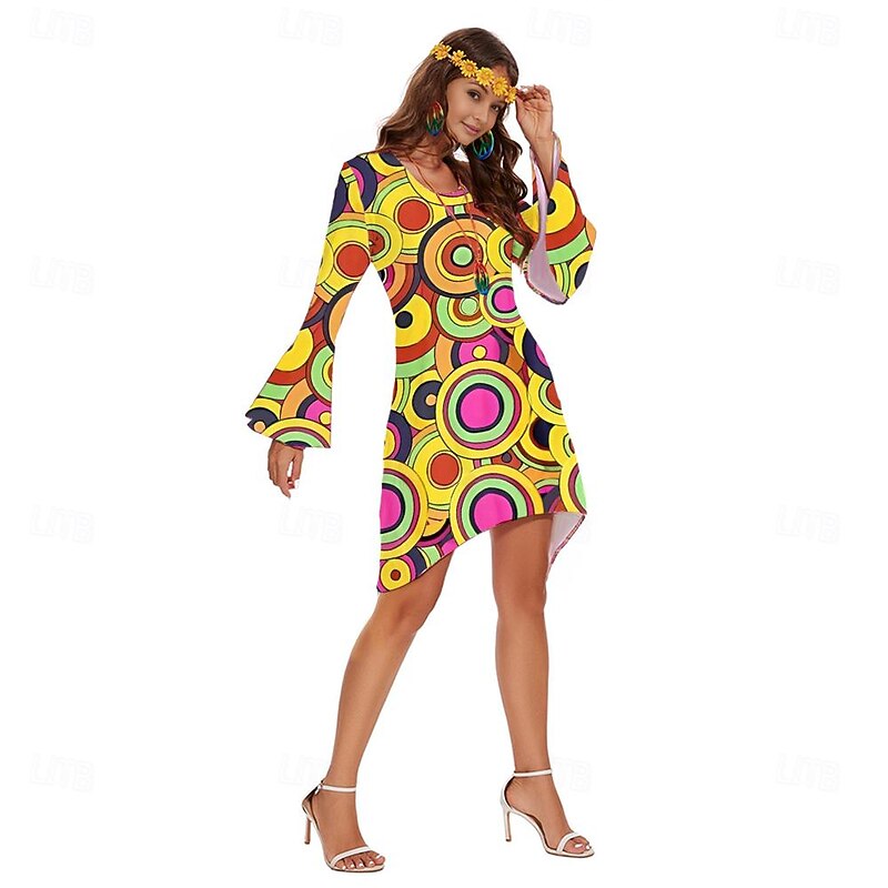 Retro Vintage 1970s 70s Fancy Dress Women Bell Sleeve Hippie Disco Graphic Round Neck Fancy Dress Women's Halloween Carnival Masquerade Party Daily Wear Pride Parade Adults' Dress All Seasons2