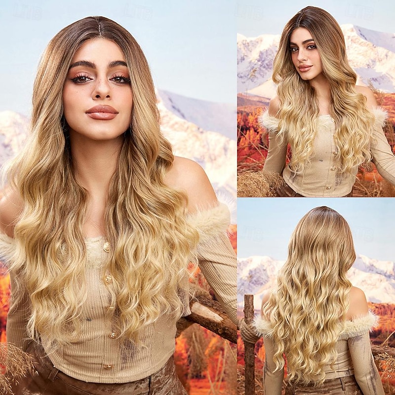 Synthetic Lace Wig Curly Style 26 inch Dark Brown Gold Blonde Ombre Middle Part U Part Wig Women's Wig Brown / White