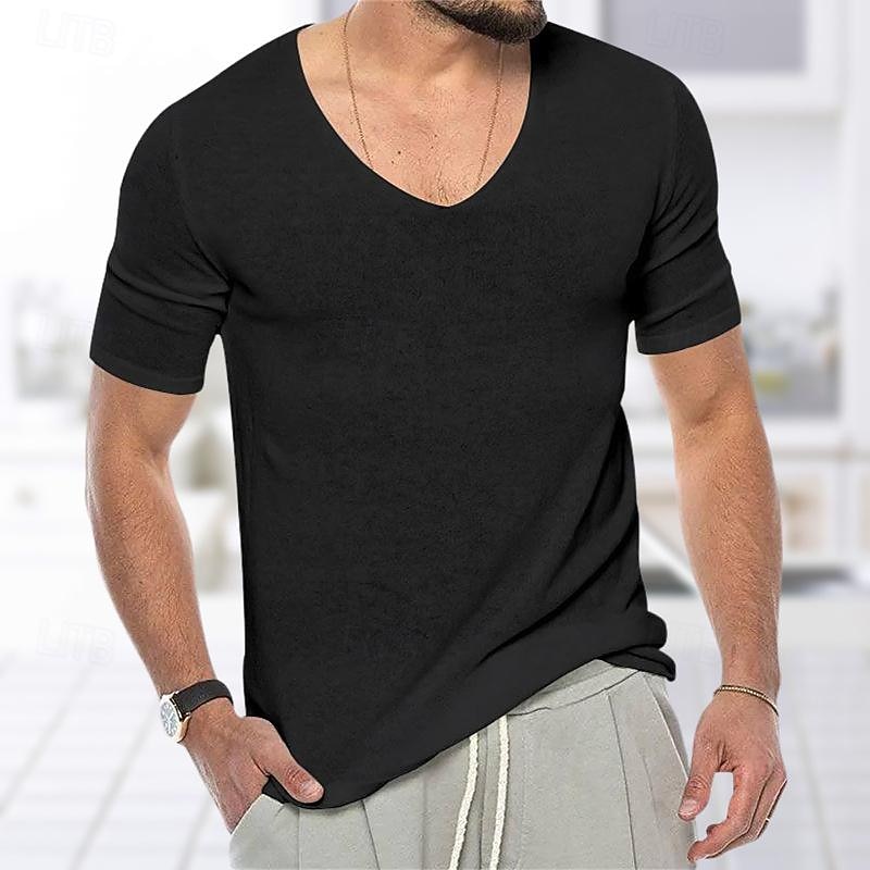 Men's T Shirt Tee Knit Tee Tee Top Short Sleeves V Neck Summer Plain Fashion Designer Basic Knitting Vacation Street Going out Black White Grey Top Tee for Men4