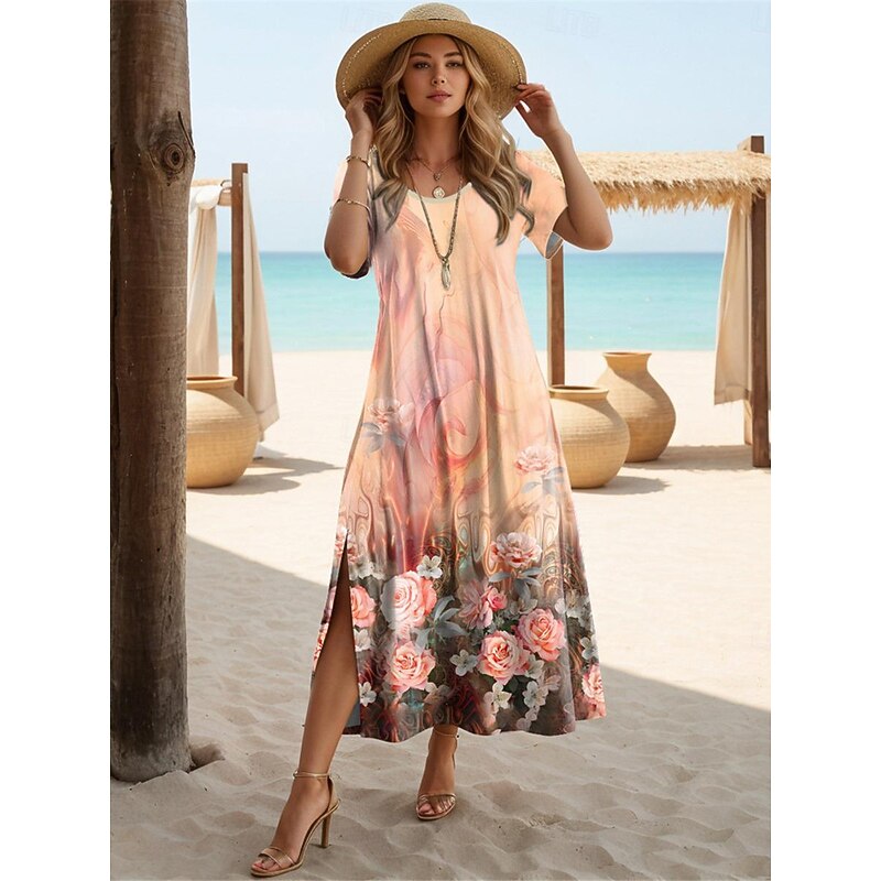 Women's Maxi Dress Casual Dress T Shirt Dress Tee Dress Sundress Streetwear Maxi Street Holiday Date Regular Fit Floral Short Sleeve Crew Neck White Light Green Pink Red Summer