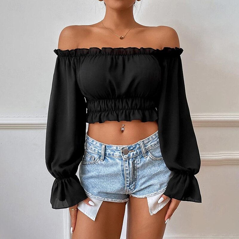 Shirt Blouse Women's Black Plain Crop Top Street Daily Fashion Off Shoulder Regular Fit S2