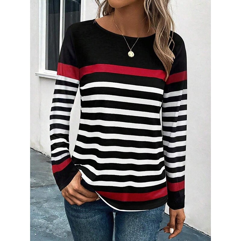 Women's T shirt Long Sleeve Crew Neck Long Sleeve Tunic Casual Print Regular Tops Daily Black Blue Orange Spring Fall Prefall