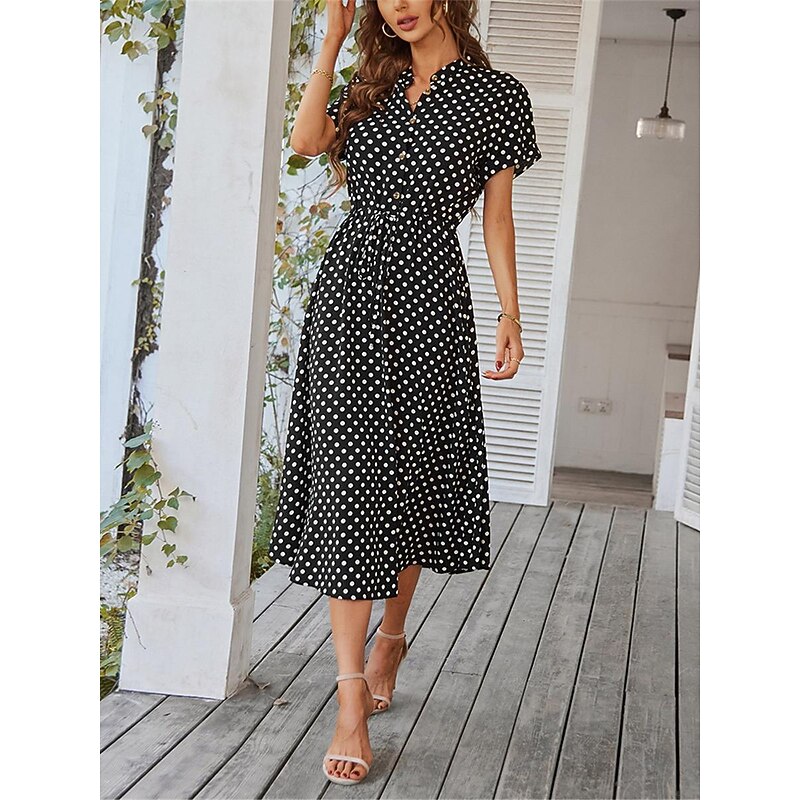 Women's Casual Dress Polka Dot Button Drawstring Shirt Collar Midi Dress Stylish Casual Daily Date Short Sleeve Summer2