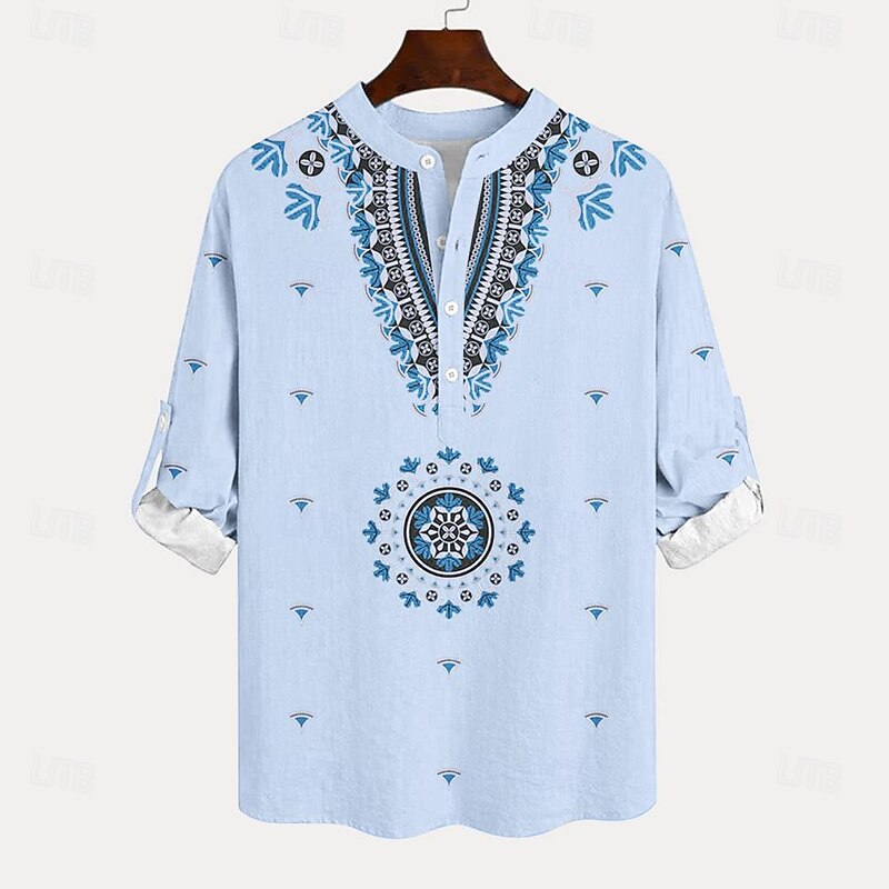 Men's Ethnic Shirt Button Up Shirt Henley Shirt Long Sleeve Vintage Casual Tribal Vacation Daily Beach Summer Winter Spring &  Fall Stand Collar Button Up 3D Print Light Blue Black2