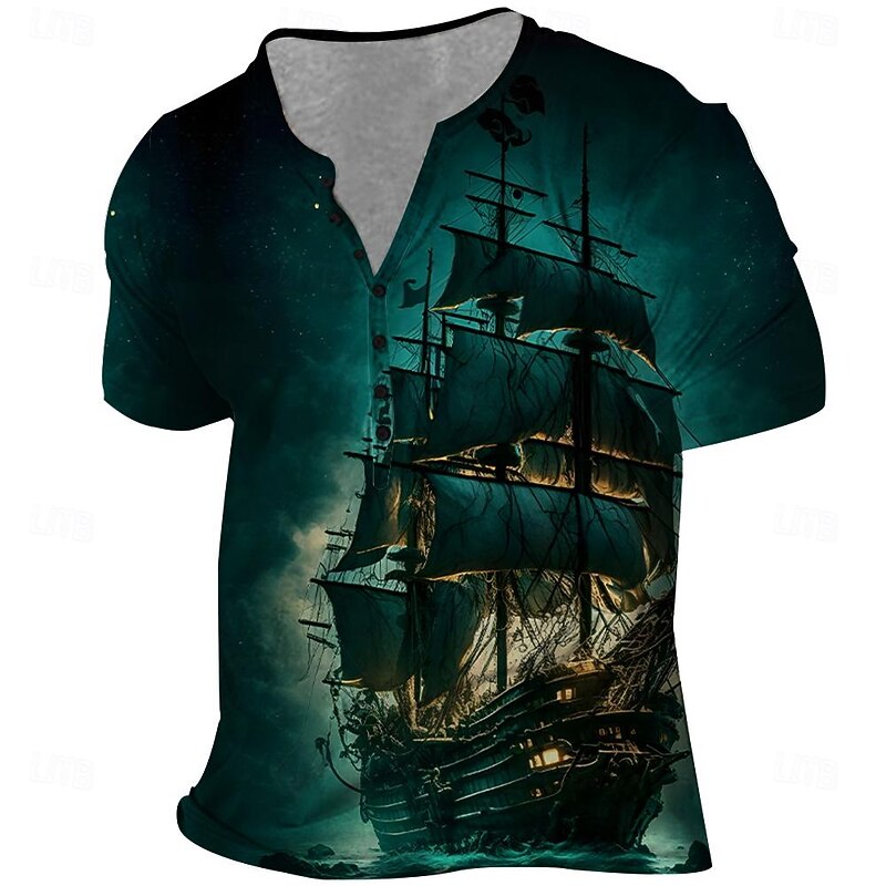 Men's Boat T Shirt Short Sleeve 3D Print Vintage Fashion Exaggerated Party Daily Summer Spring Fall Blue Brown Green Gray Henley Collar Henley T-Shirt