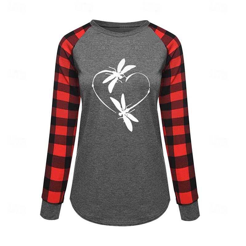 Women's Valentine Heart T Shirt Fashion Plaid Regular Tops Long Sleeve Round Neck Print Regular Fit Valentine's Day Weekend Red Blue Spring &  Fall3