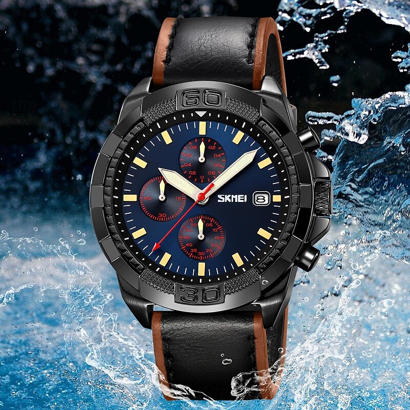 SKMEI Men Quartz Watch Fashion Business Wristwatch Luminous Stopwatch Calendar Waterproof Leather Watch