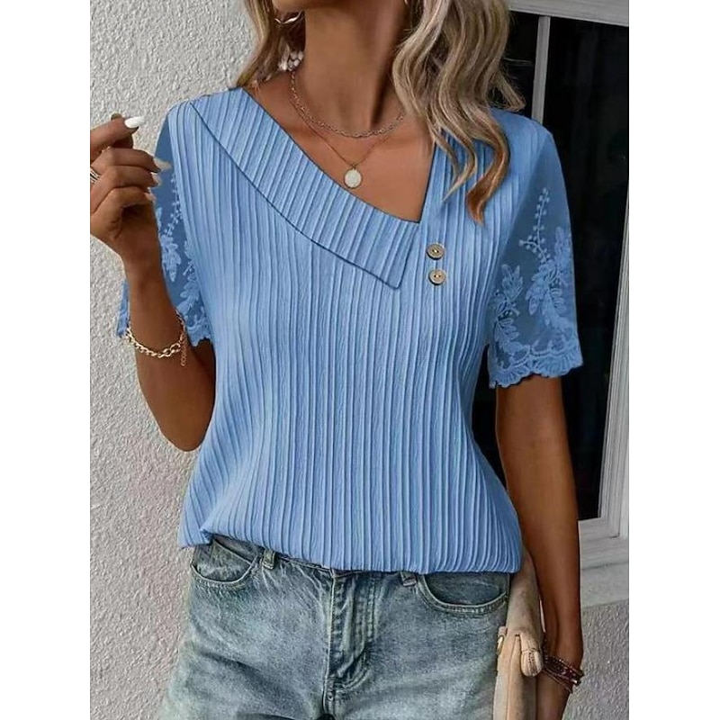 Women's White Elegant Lace Tops Eyelet Blouse Dressy Tops Lace Buttons Short Sleeve Asymmetrical Daily Romantic Petite Tops Summer Holiday Wear White Pink Blue Semi Formal Blouses4