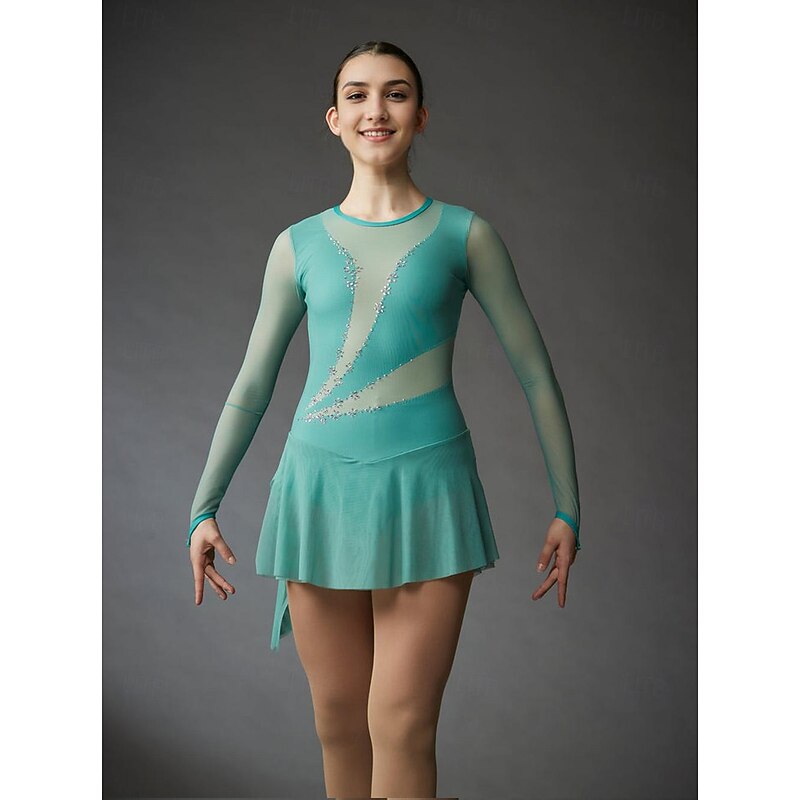 Figure Skating Dress Women's Girls' Ice Skating Dress Green Patchwork Thumbhole Mesh High Elasticity Training Competition Skating Wear Classic Long Sleeve Ice Skating Figure Skating