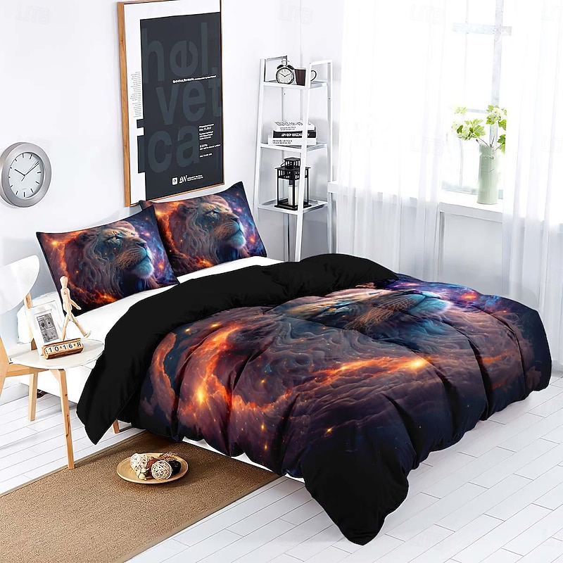 Colorful Neon Lion Head 3-Piece Down Duvet Cover Set for Hotel Bedroom Guest Rooms Bdding Comfort Set2