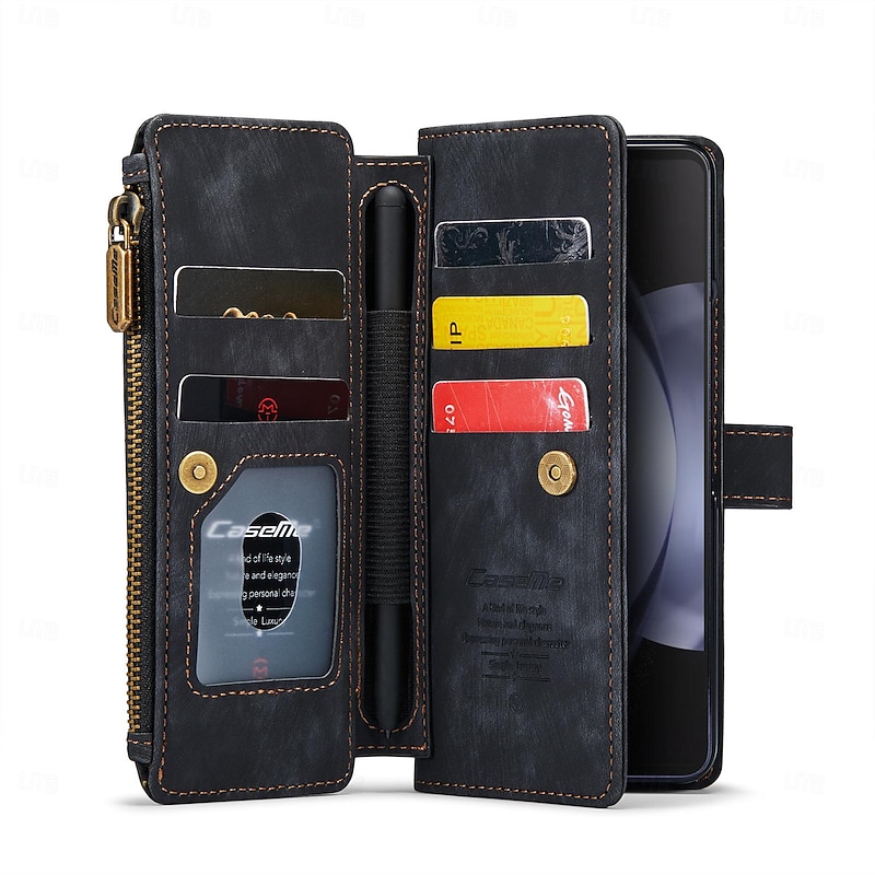 Phone Case For Samsung Galaxy Z Fold 6 Z Fold 5 Z Fold 4 Z Fold 3 Wallet Case Zipper with Pen Slot Holder Matte Frosted Retro3