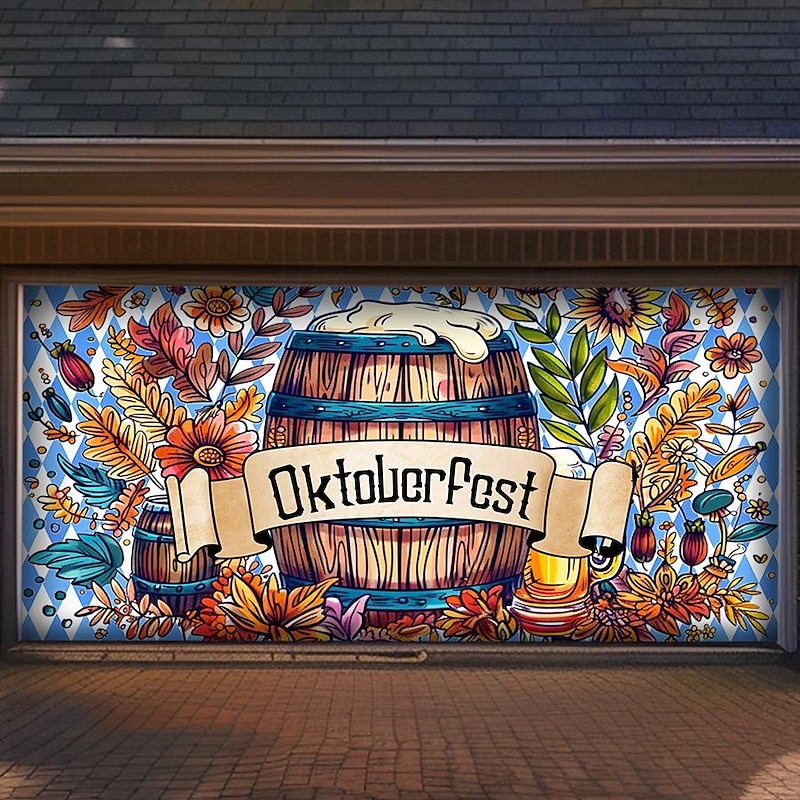 German Oktoberfest 2025 Outdoor Garage Door Cover Banner Pretzel Beer Vintage Farmhouse Large Backdrop Decoration for Holiday Outdoor Garage Door Home Wall Decorations
