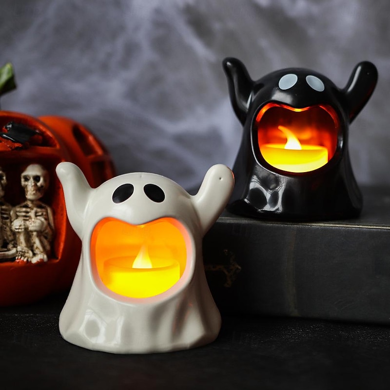 Halloween Ceramic Candle Light, Lighted Ghost Room Decor Holder Decorations Spooky Ghost Light Atmosphere Decor Props Ghost LED Electronic Candle Light Black and White Ghost Night Lamp 3/6/12PCS