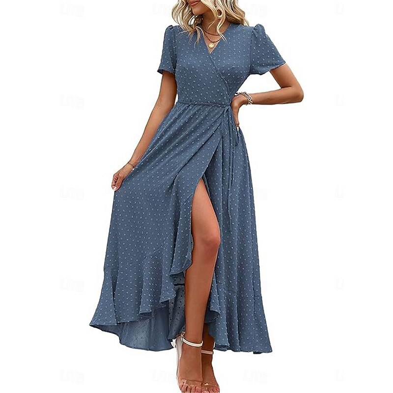 Women's Casual Dress Maxi Dress Ruffle Patchwork Date Vacation Streetwear Maxi V Neck Short Sleeve Navy Blue Blue Army Green Color
