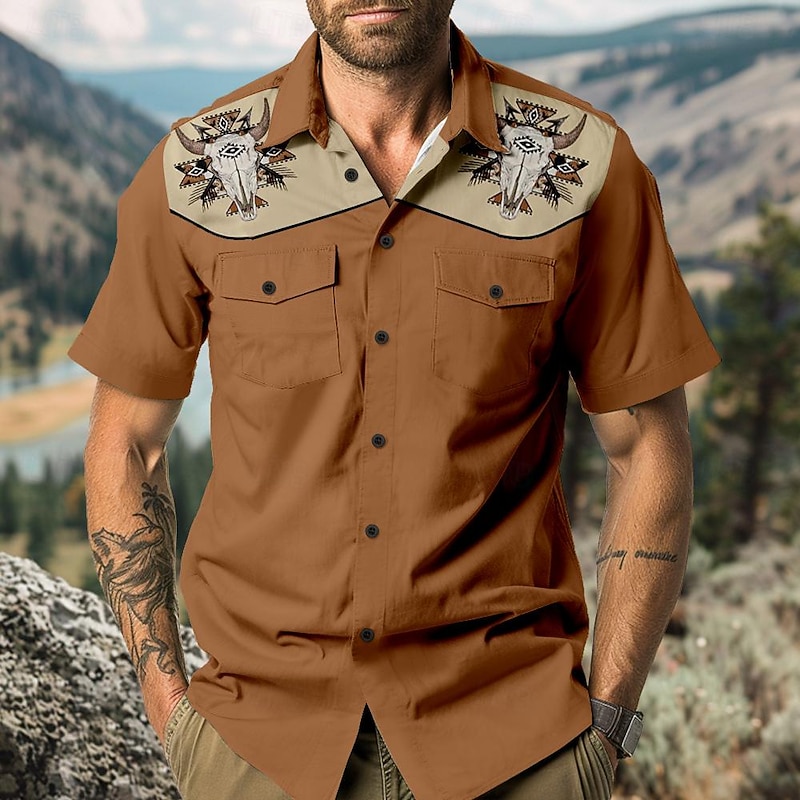 Men's Cowboy Shirt Western Shirt Cowboy Shirt Short Sleeve Western Style Outdoor Summer Spring Shirt Collar Black Brown Khaki